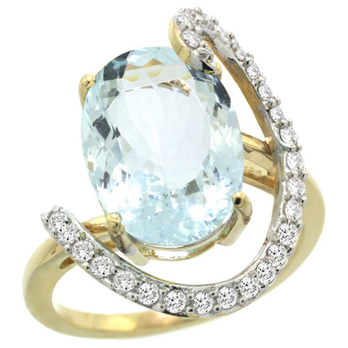 14k Yellow Gold Natural Aquamarine Ring Oval 14x10 Diamond Accent, 3/4inch wide, sizes 5 - 10 