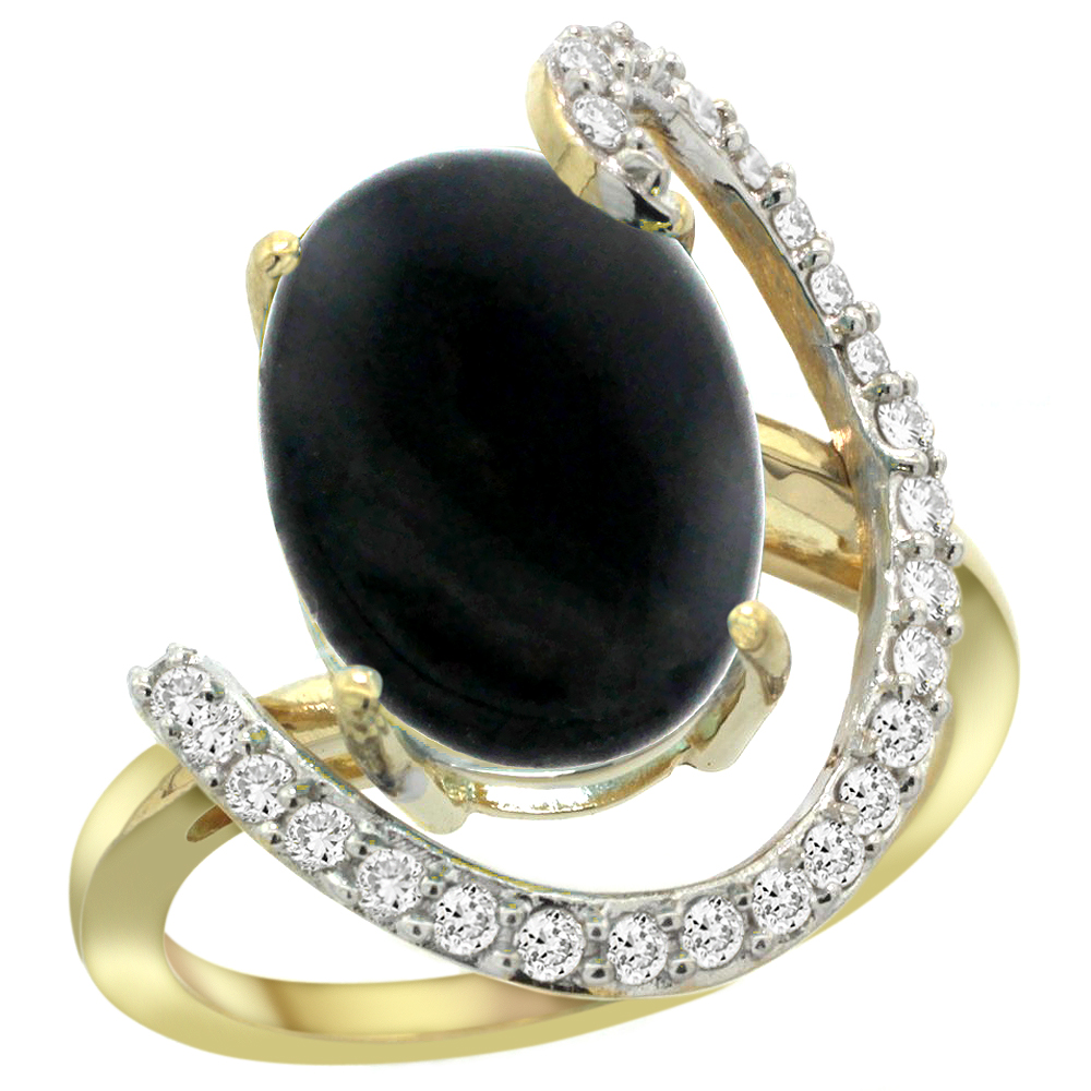 14k Yellow Gold Natural Black Onyx Ring Oval 14x10 Diamond Accent, 3/4inch wide, sizes 5 - 10 