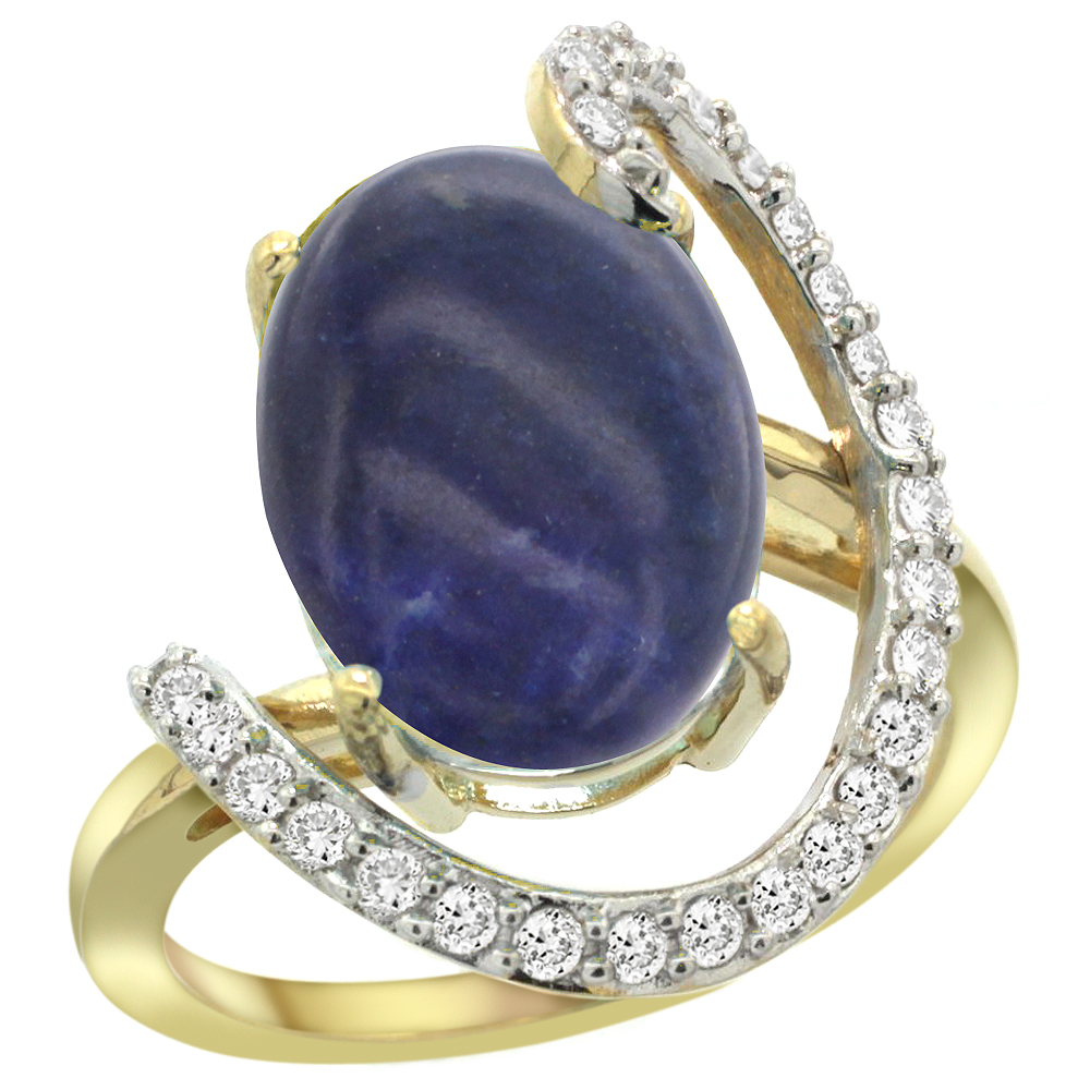 14k Yellow Gold Natural Lapis Ring Oval 14x10 Diamond Accent, 3/4inch wide, sizes 5 - 10 