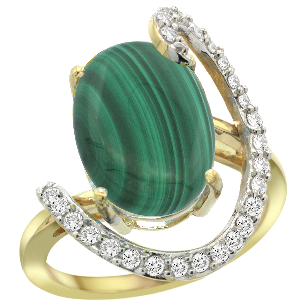 14k Yellow Gold Natural Malachite Ring Oval 14x10 Diamond Accent, 3/4inch wide, sizes 5 - 10 