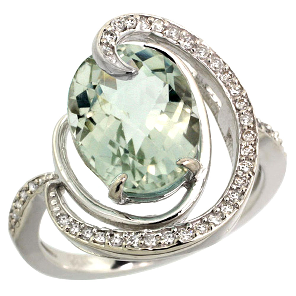 14k White Gold Natural Green Amethyst Ring Oval 12x10mm Diamond Accents, sizes 5 - 10 
