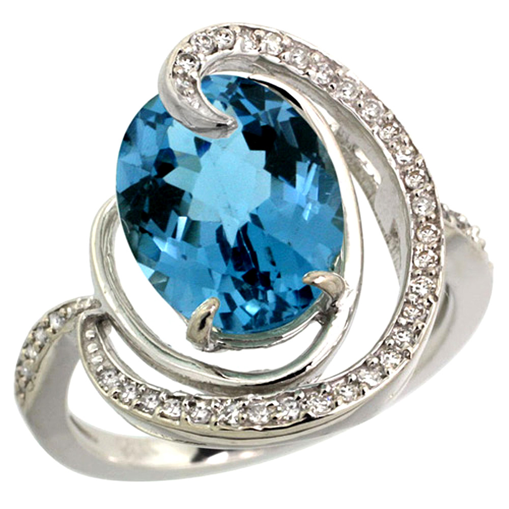 14K WHITE GOLD NATURAL LONDON BLUE TOPAZ RING OVAL 12X10MM DIAMOND ACCENTS, SIZES 5 - 10
