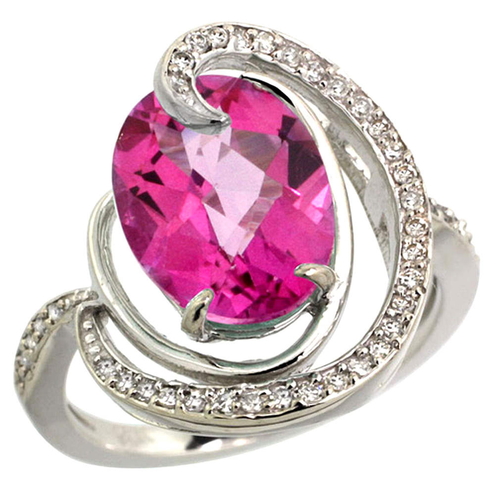 14K WHITE GOLD NATURAL PINK TOPAZ RING OVAL 12X10MM DIAMOND ACCENTS, SIZES 5 - 10