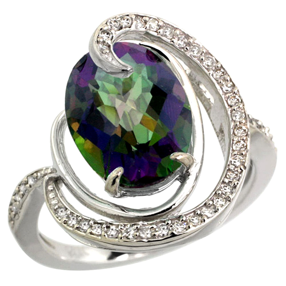 14K WHITE GOLD NATURAL MYSTIC TOPAZ RING OVAL 12X10MM DIAMOND ACCENTS, SIZES 5 - 10