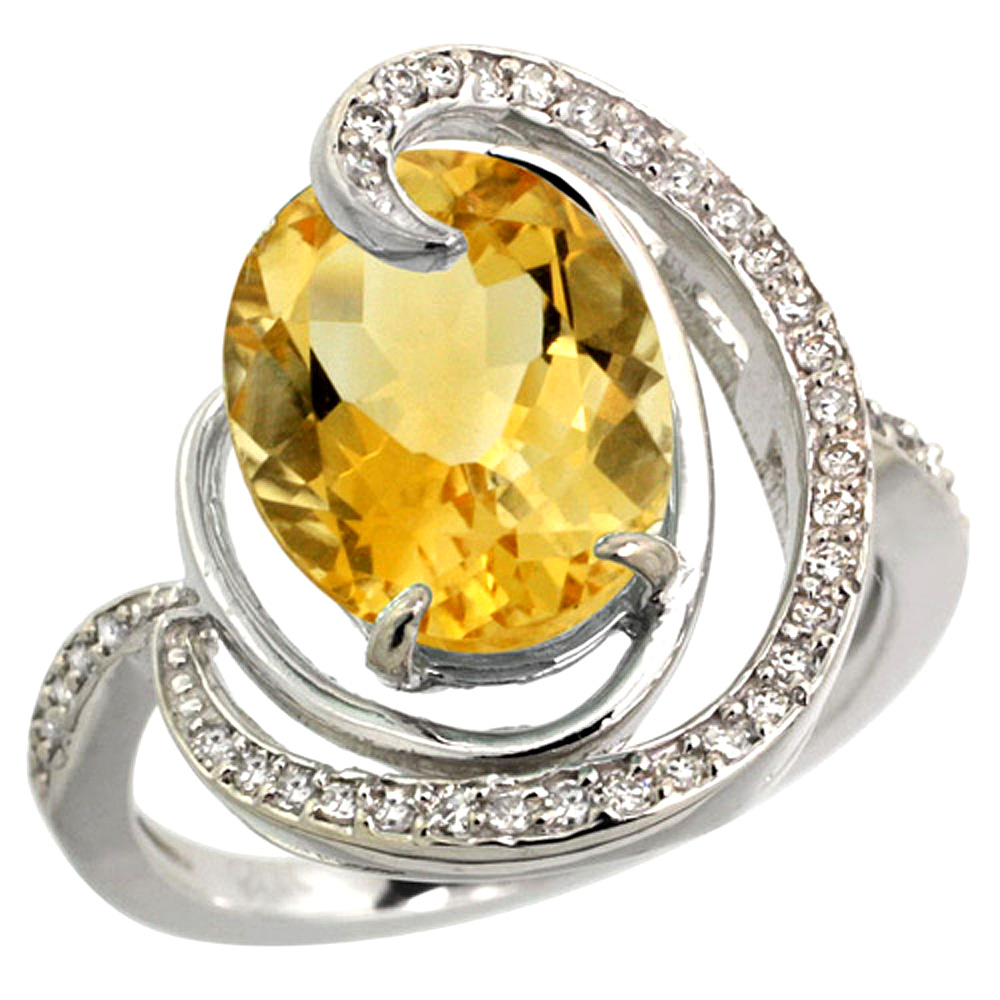 14k White Gold Natural Citrine Ring Oval 12x10mm Diamond Accents, sizes 5 - 10 