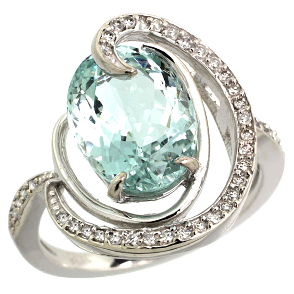 14K WHITE GOLD NATURAL AQUAMARINE RING OVAL 12X10MM DIAMOND ACCENTS, SIZES 5 - 10