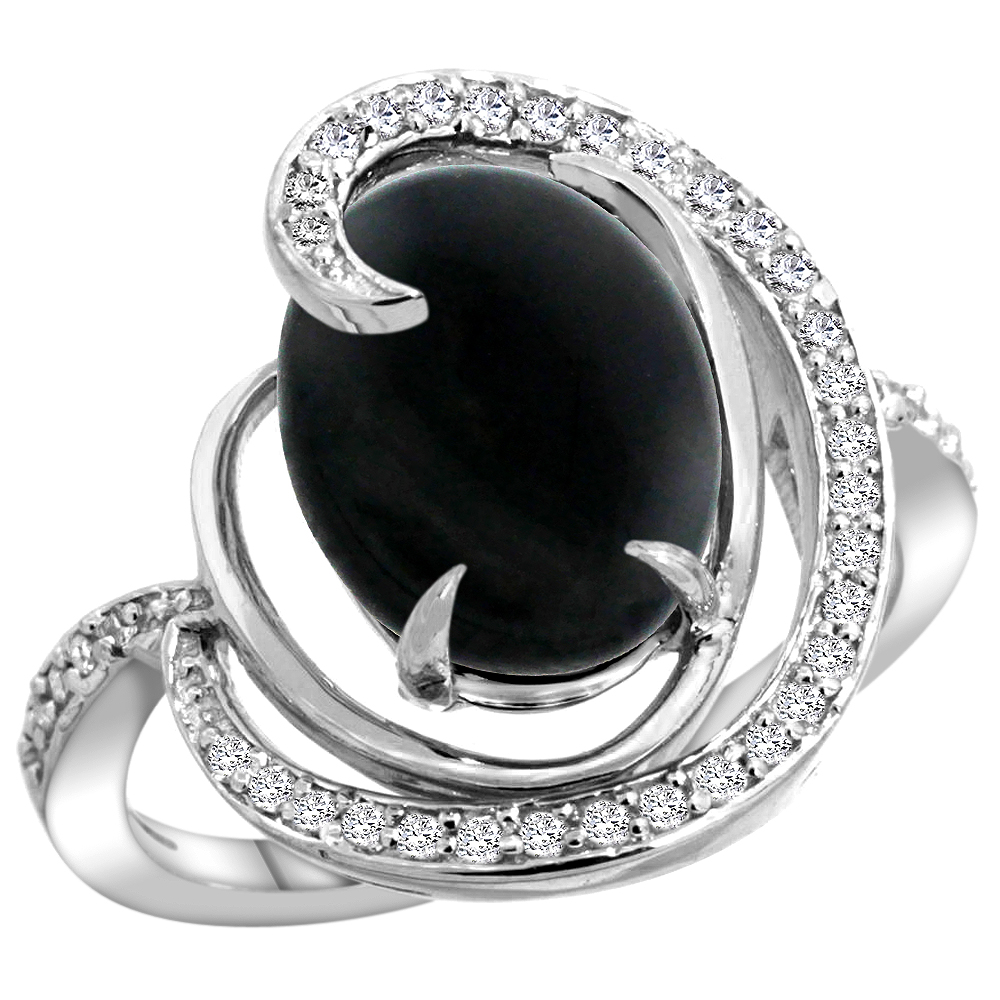 14k White Gold Natural Black Onyx Ring Oval 12x10mm Diamond Accents, sizes 5 - 10 
