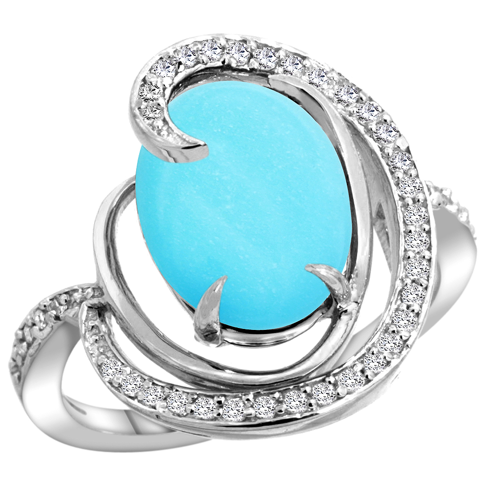 14K WHITE GOLD NATURAL TURQUOISE RING OVAL 12X10MM DIAMOND ACCENTS, SIZES 5 - 10