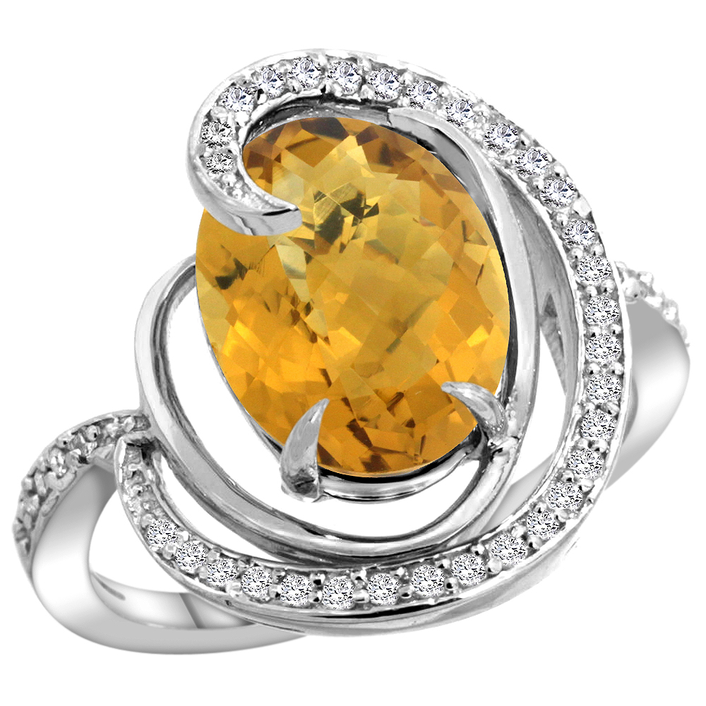 14K WHITE GOLD NATURAL WHISKY QUARTZ RING OVAL 12X10MM DIAMOND ACCENTS, SIZES 5 - 10