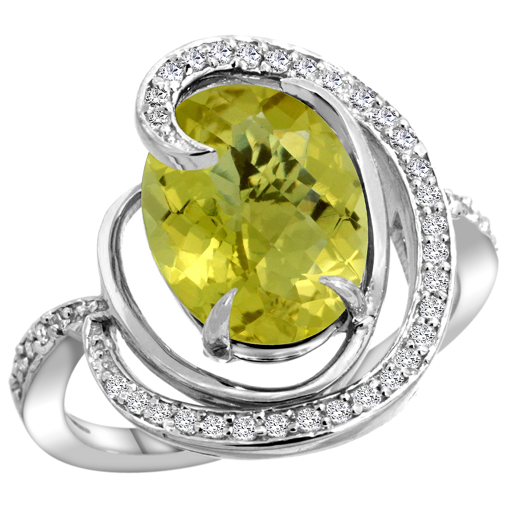 14K WHITE GOLD NATURAL LEMON QUARTZ RING OVAL 12X10MM DIAMOND ACCENTS, SIZES 5 - 10