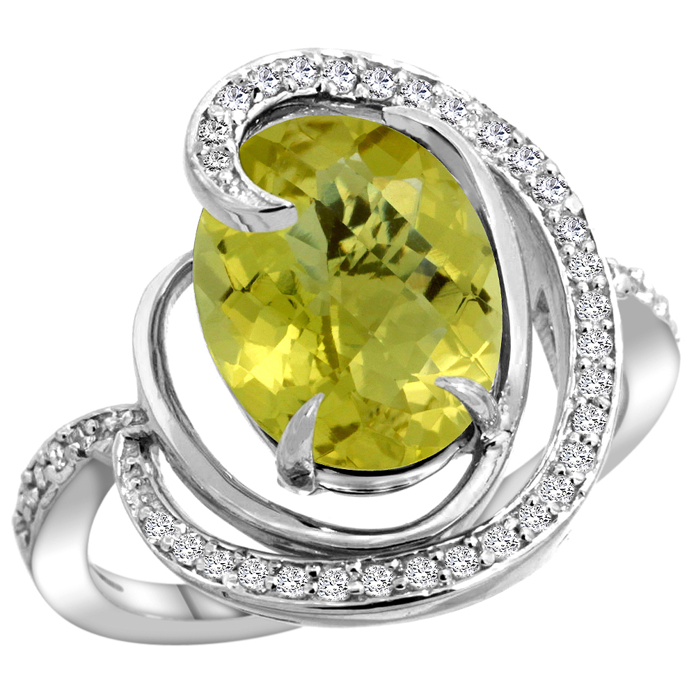 14k White Gold Natural Lemon Quartz Ring Oval 12x10mm Diamond Accents, sizes 5 - 10 