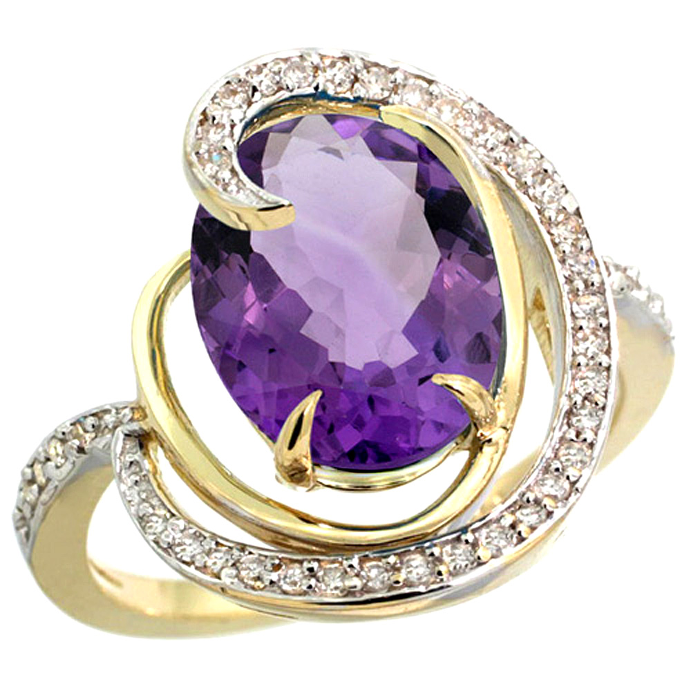 14k Yellow Gold Natural Amethyst Ring Oval 12x10mm Diamond Accents, sizes 5 - 10 