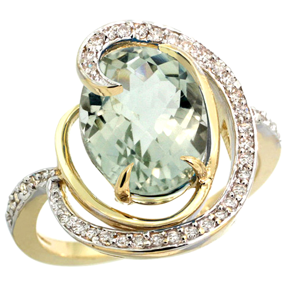 14k Yellow Gold Natural Green Amethyst Ring Oval 12x10mm Diamond Accents, sizes 5 - 10 