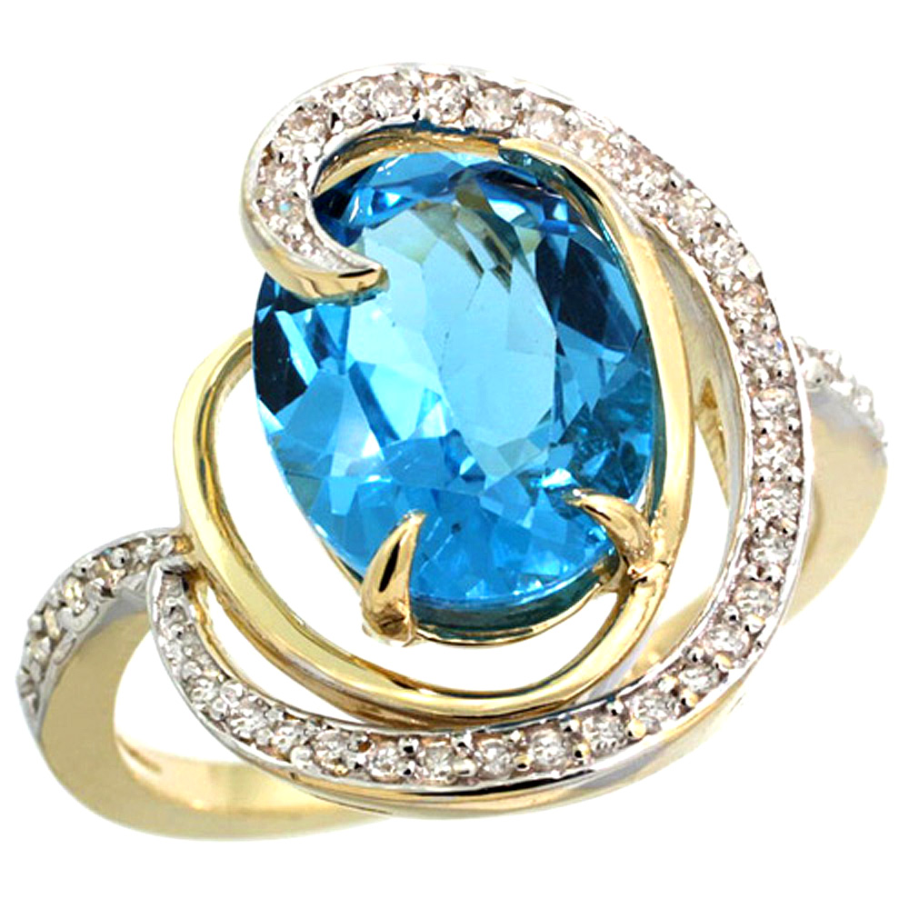 14k Yellow Gold Natural Swiss Blue Topaz Ring Oval 12x10mm Diamond Accents, sizes 5 - 10 