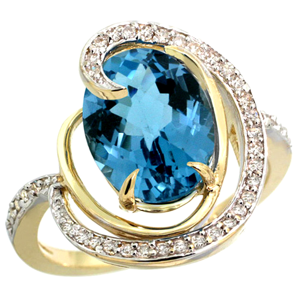 14K YELLOW GOLD NATURAL LONDON BLUE TOPAZ RING OVAL 12X10MM DIAMOND ACCENTS, SIZES 5 - 10