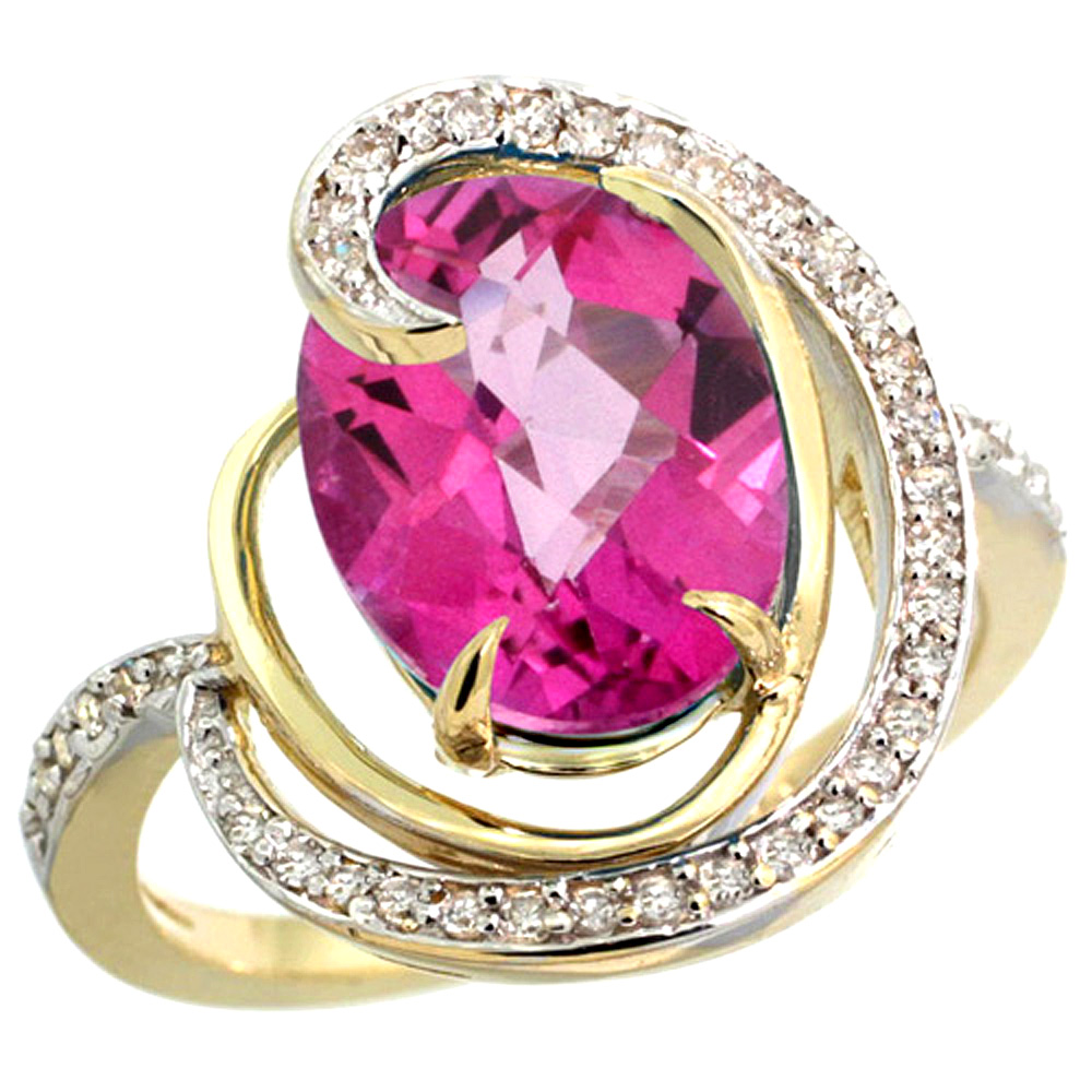 14K YELLOW GOLD NATURAL PINK TOPAZ RING OVAL 12X10MM DIAMOND ACCENTS, SIZES 5 - 10