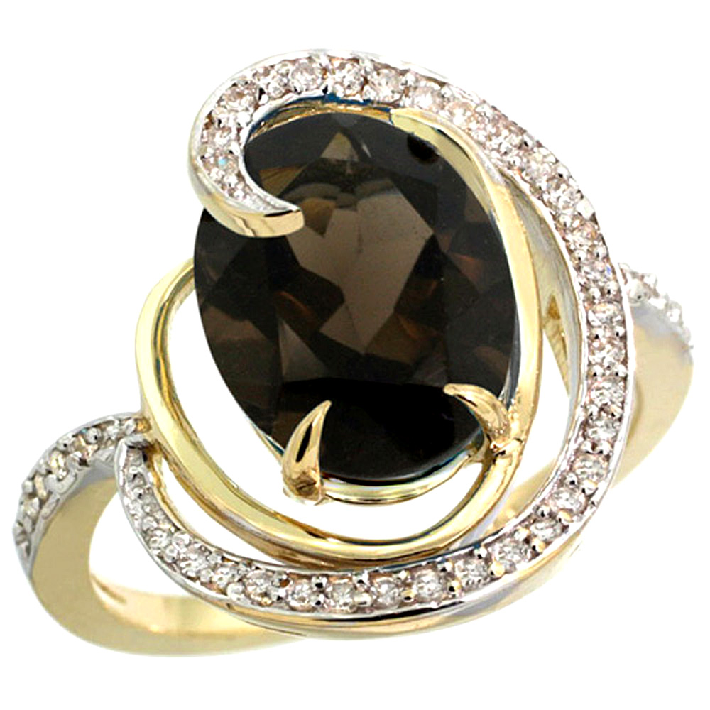 14K YELLOW GOLD NATURAL SMOKY TOPAZ RING OVAL 12X10MM DIAMOND ACCENTS, SIZES 5 - 10