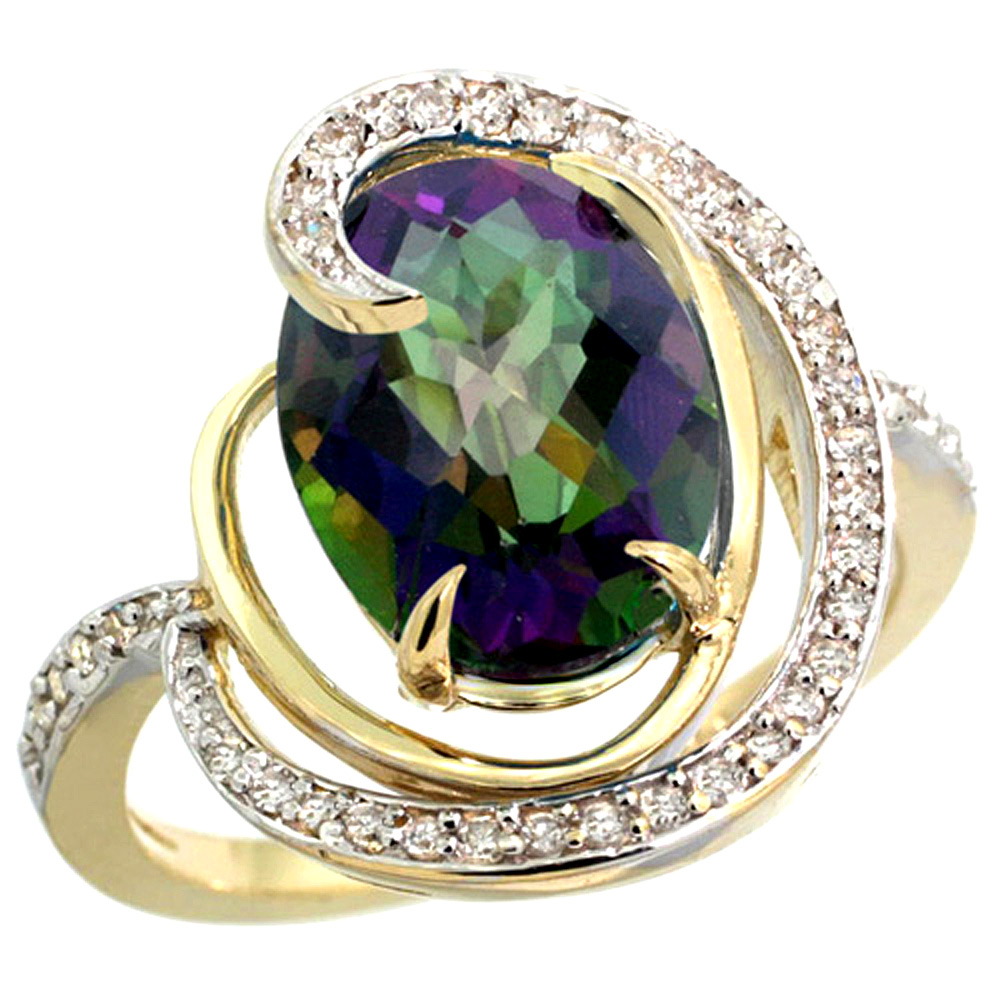 14K YELLOW GOLD NATURAL MYSTIC TOPAZ RING OVAL 12X10MM DIAMOND ACCENTS, SIZES 5 - 10