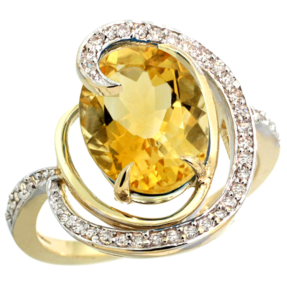 14K YELLOW GOLD NATURAL CITRINE RING OVAL 12X10MM DIAMOND ACCENTS, SIZES 5 - 10