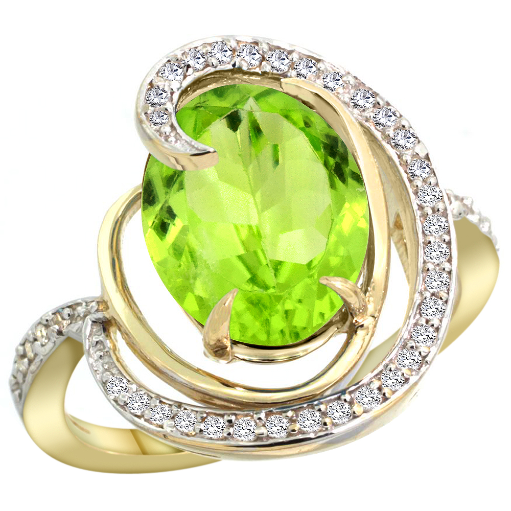 14K YELLOW GOLD NATURAL PERIDOT RING OVAL 12X10MM DIAMOND ACCENTS, SIZES 5 - 10