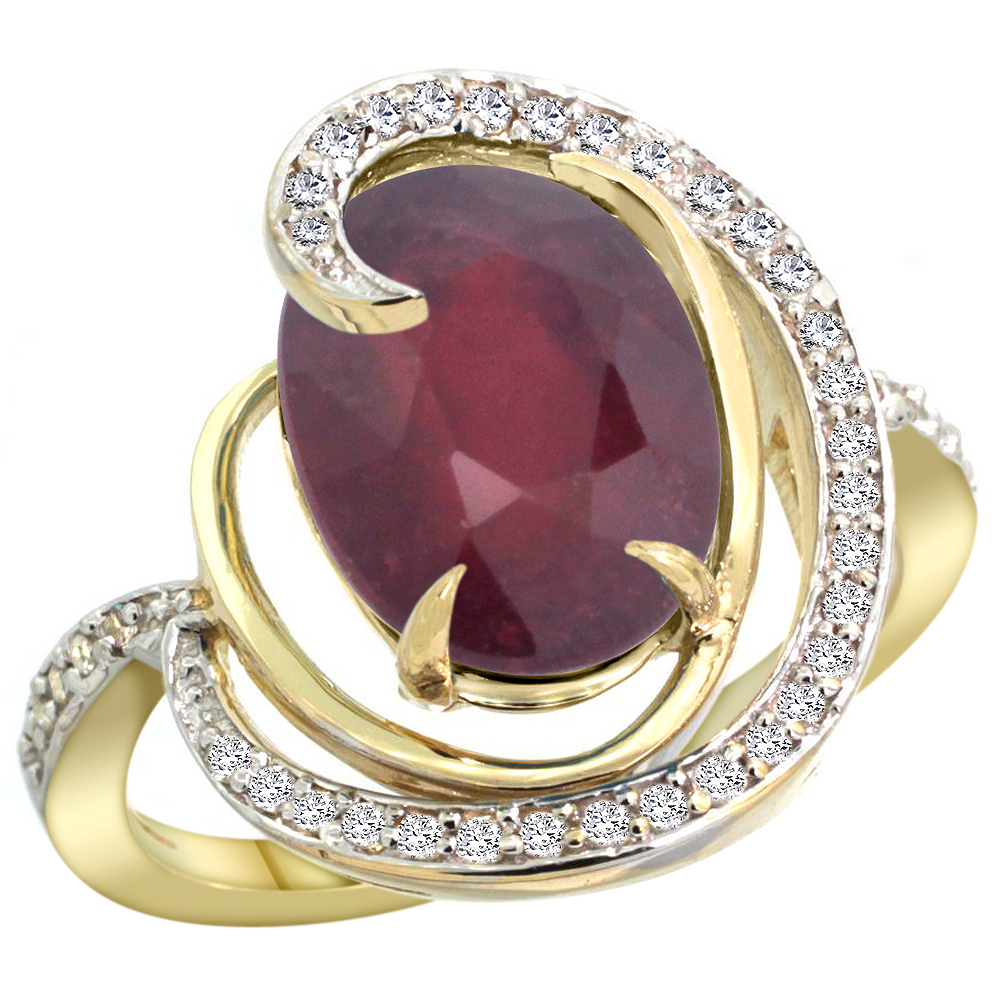 14K YELLOW GOLD NATURAL ENHANCED RUBY RING OVAL 12X10MM DIAMOND ACCENTS, SIZES 5 - 10