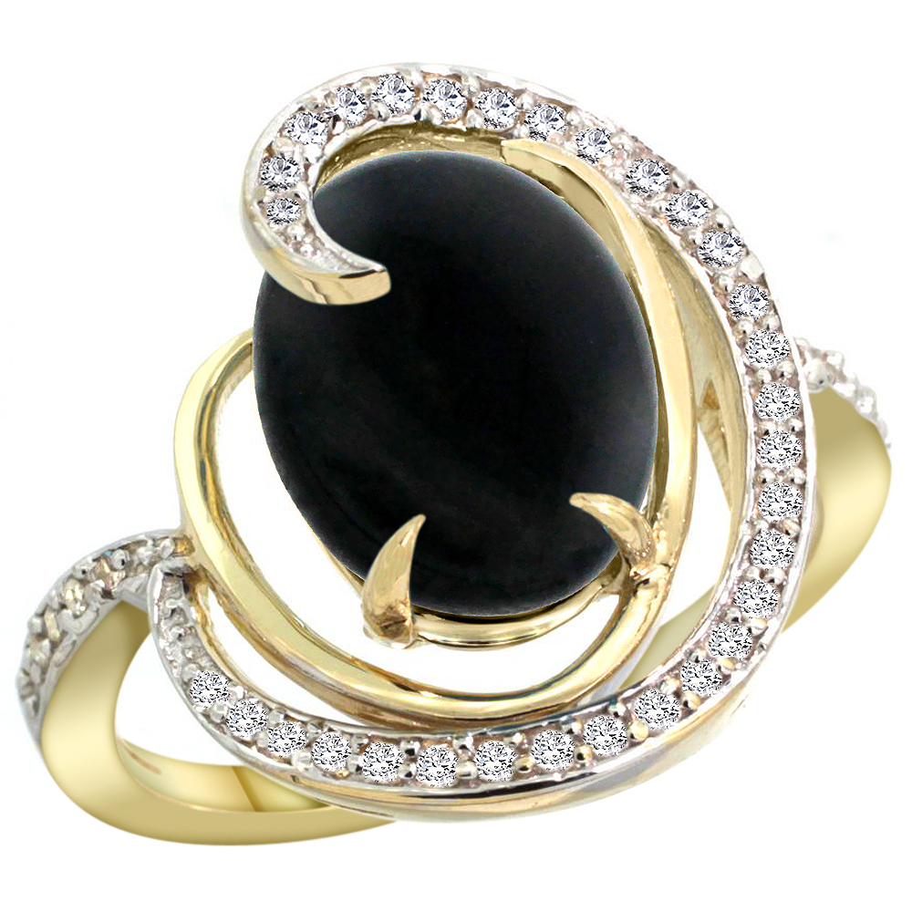 14K YELLOW GOLD NATURAL BLACK ONYX RING OVAL 12X10MM DIAMOND ACCENTS, SIZES 5 - 10
