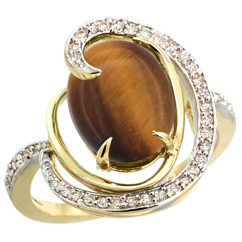14k Yellow Gold Natural Tiger Eye Ring Oval 12x10mm Diamond Accents, sizes 5 - 10 