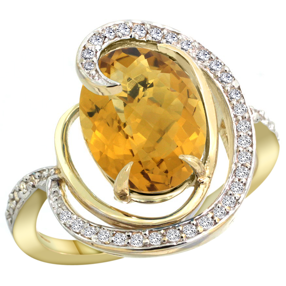 14K YELLOW GOLD NATURAL WHISKY QUARTZ RING OVAL 12X10MM DIAMOND ACCENTS, SIZES 5 - 10