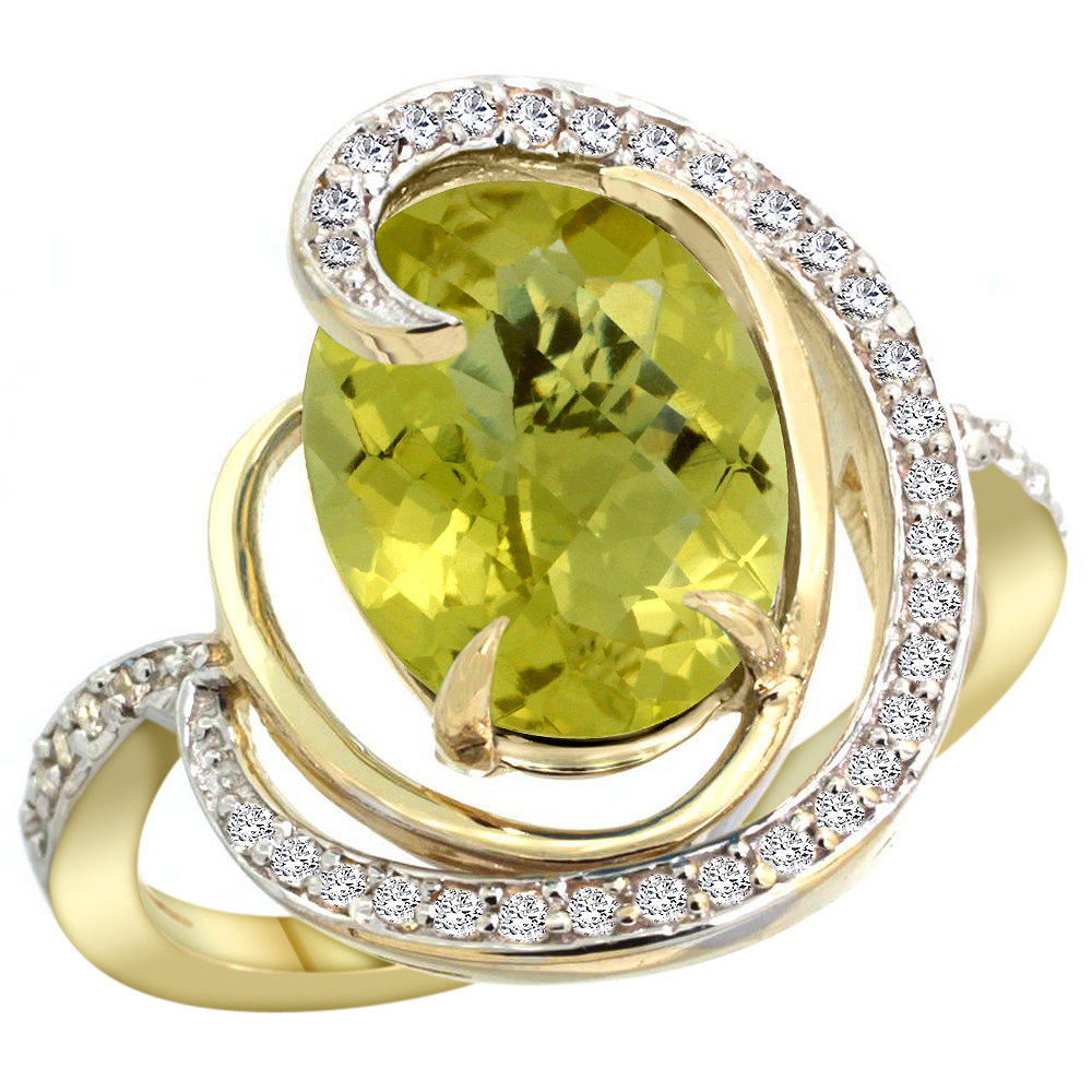 14k Yellow Gold Natural Lemon Quartz Ring Oval 12x10mm Diamond Accents, sizes 5 - 10 