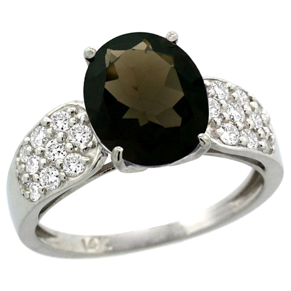 14K WHITE GOLD NATURAL SMOKY TOPAZ RING OVAL 10X8MM DIAMOND ACCENT, 7/16INCH WIDE, SIZES 5 - 10