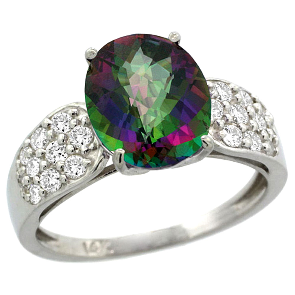 14K WHITE GOLD NATURAL MYSTIC TOPAZ RING OVAL 10X8MM DIAMOND ACCENT, 7/16INCH WIDE, SIZES 5 - 10
