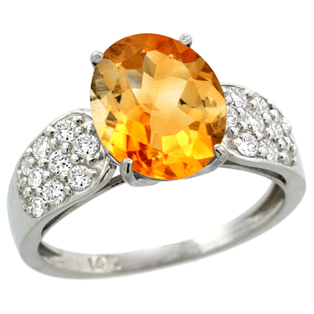 14k White Gold Natural Citrine Ring Oval 10x8mm Diamond Accent, 7/16inch wide, sizes 5 - 10 
