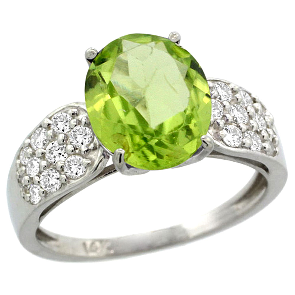 14K WHITE GOLD NATURAL PERIDOT RING OVAL 10X8MM DIAMOND ACCENT, 7/16INCH WIDE, SIZES 5 - 10