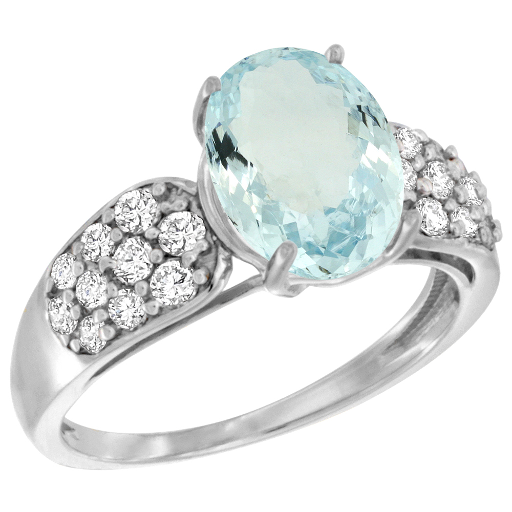 14K WHITE GOLD NATURAL AQUAMARINE RING OVAL 10X8MM DIAMOND ACCENT, 7/16INCH WIDE, SIZES 5 - 10