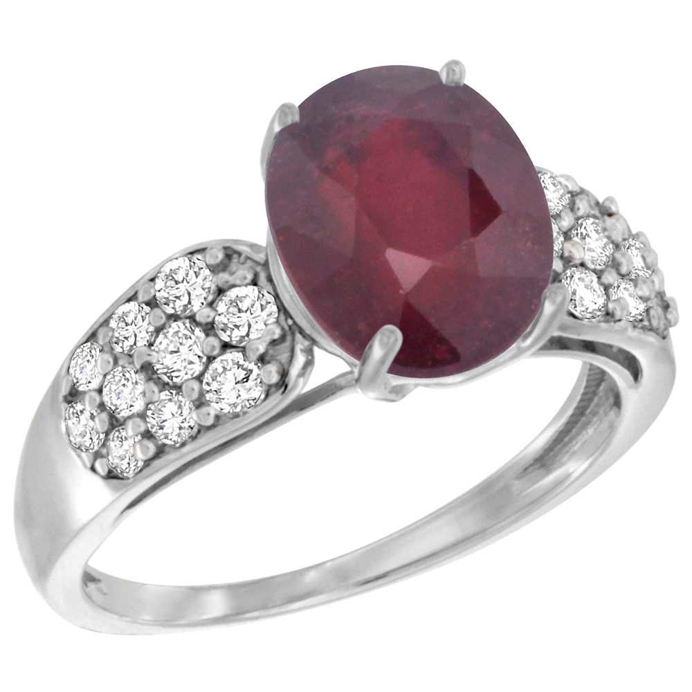 14k White Gold Natural Enhanced Ruby Ring Oval 10x8mm Diamond Accent, 7/16inch wide, sizes 5 - 10 