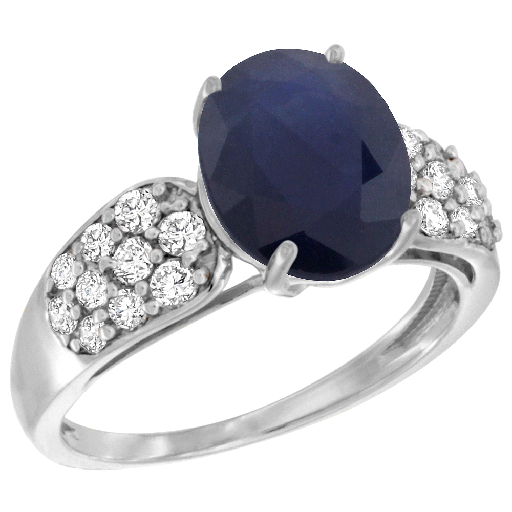 14K WHITE GOLD NATURAL BLUE SAPPHIRE RING OVAL 10X8MM DIAMOND ACCENT, 7/16INCH WIDE, SIZES 5 - 10