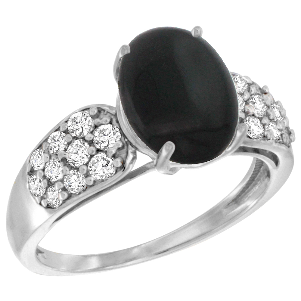 14k White Gold Natural Black Onyx Ring Oval 10x8mm Diamond Accent, 7/16inch wide, sizes 5 - 10 