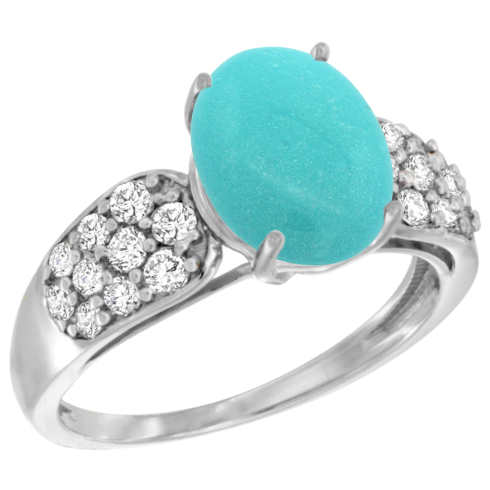 14K WHITE GOLD NATURAL TURQUOISE RING OVAL 10X8MM DIAMOND ACCENT, 7/16INCH WIDE, SIZES 5 - 10