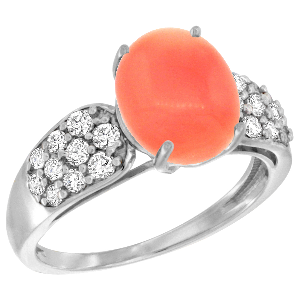 14K WHITE GOLD NATURAL CORAL RING OVAL 10X8MM DIAMOND ACCENT, 7/16INCH WIDE, SIZES 5 - 10