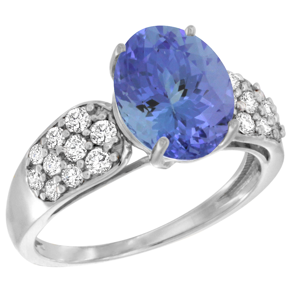 14K WHITE GOLD NATURAL TANZANITE RING OVAL 10X8MM DIAMOND ACCENT, 7/16INCH WIDE, SIZES 5 - 10