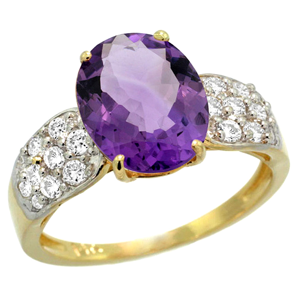 14K YELLOW GOLD NATURAL AMETHYST RING OVAL 10X8MM DIAMOND ACCENT, 7/16INCH WIDE, SIZES 5 - 10