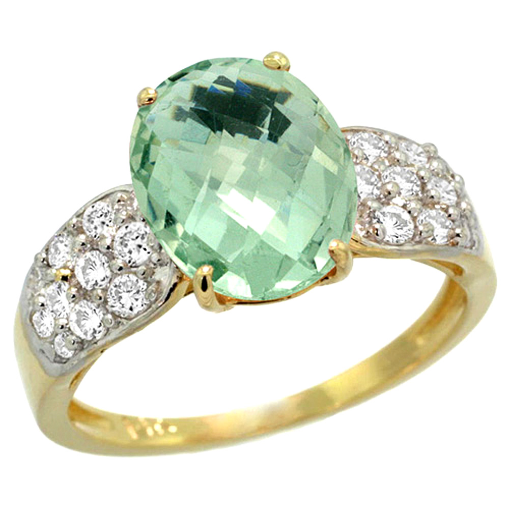 14k Yellow Gold Natural Green Amethyst Ring Oval 10x8mm Diamond Accent, 7/16inch wide, sizes 5 - 10 