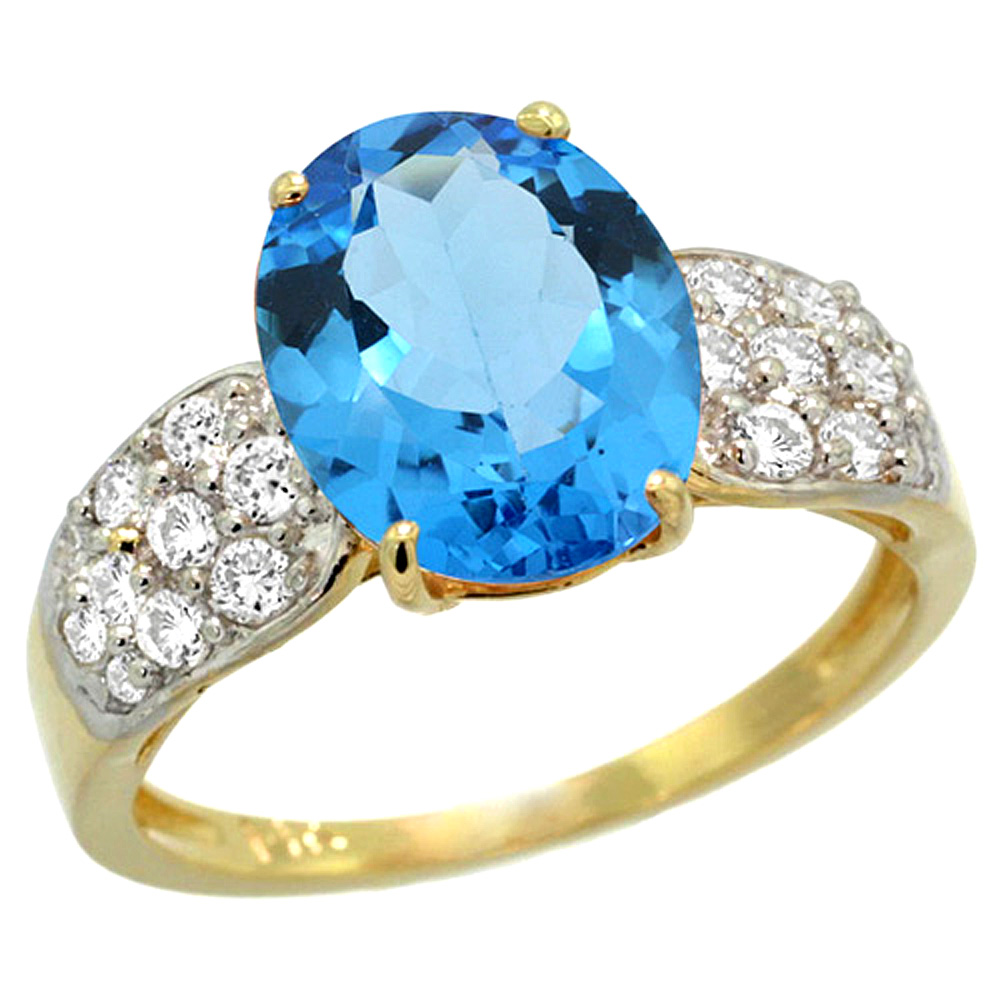 14K YELLOW GOLD NATURAL SWISS BLUE TOPAZ RING OVAL 10X8MM DIAMOND ACCENT, 7/16INCH WIDE, SIZES 5 - 10
