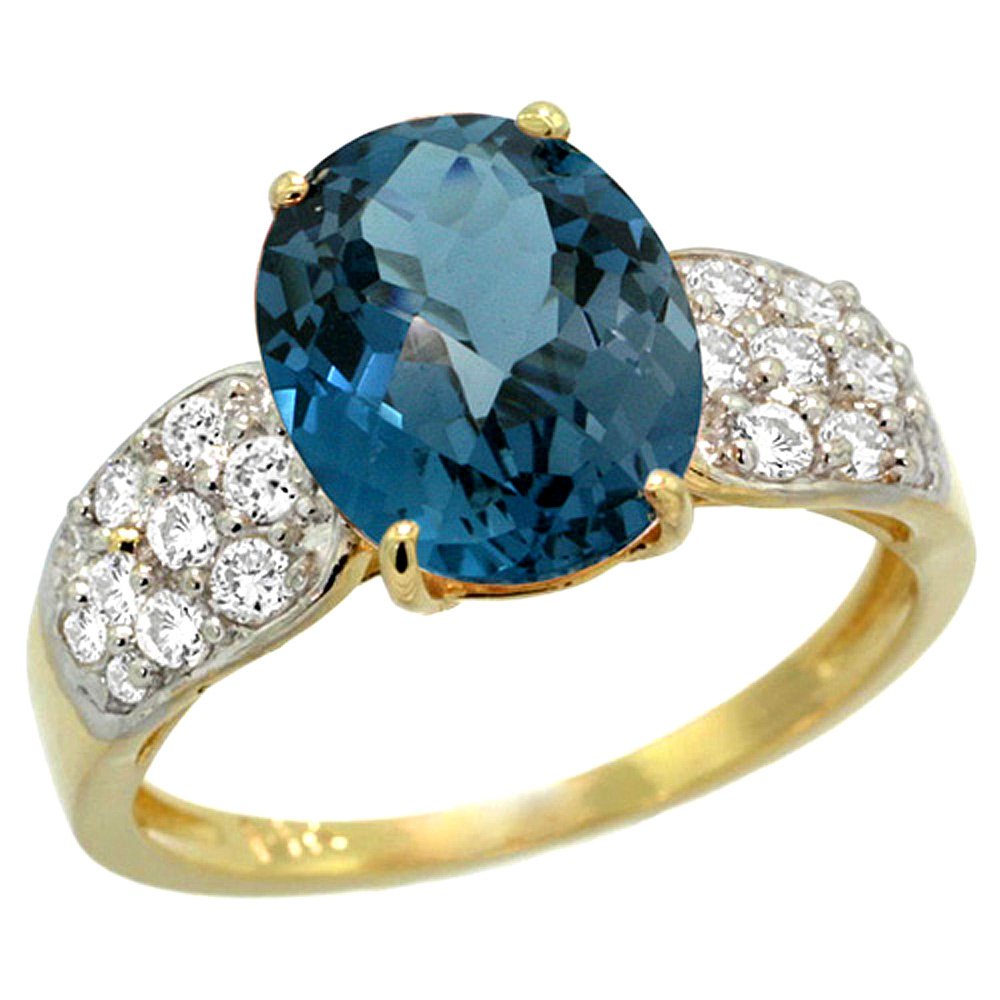 14K YELLOW GOLD NATURAL LONDON BLUE TOPAZ RING OVAL 10X8MM DIAMOND ACCENT, 7/16INCH WIDE, SIZES 5 - 10