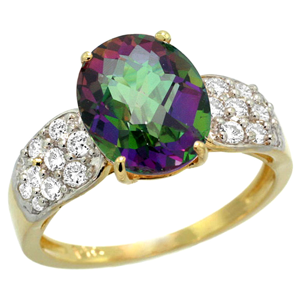 14K YELLOW GOLD NATURAL MYSTIC TOPAZ RING OVAL 10X8MM DIAMOND ACCENT, 7/16INCH WIDE, SIZES 5 - 10