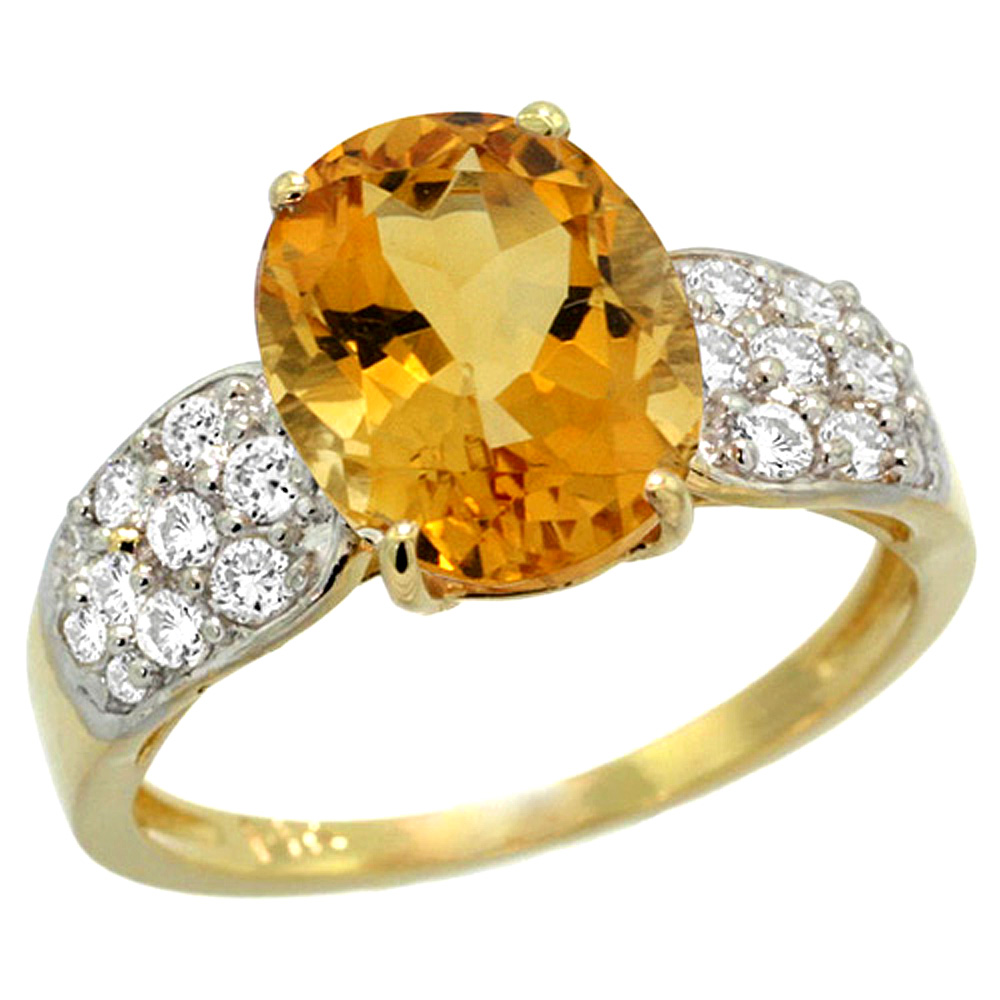 14K YELLOW GOLD NATURAL CITRINE RING OVAL 10X8MM DIAMOND ACCENT, 7/16INCH WIDE, SIZES 5 - 10