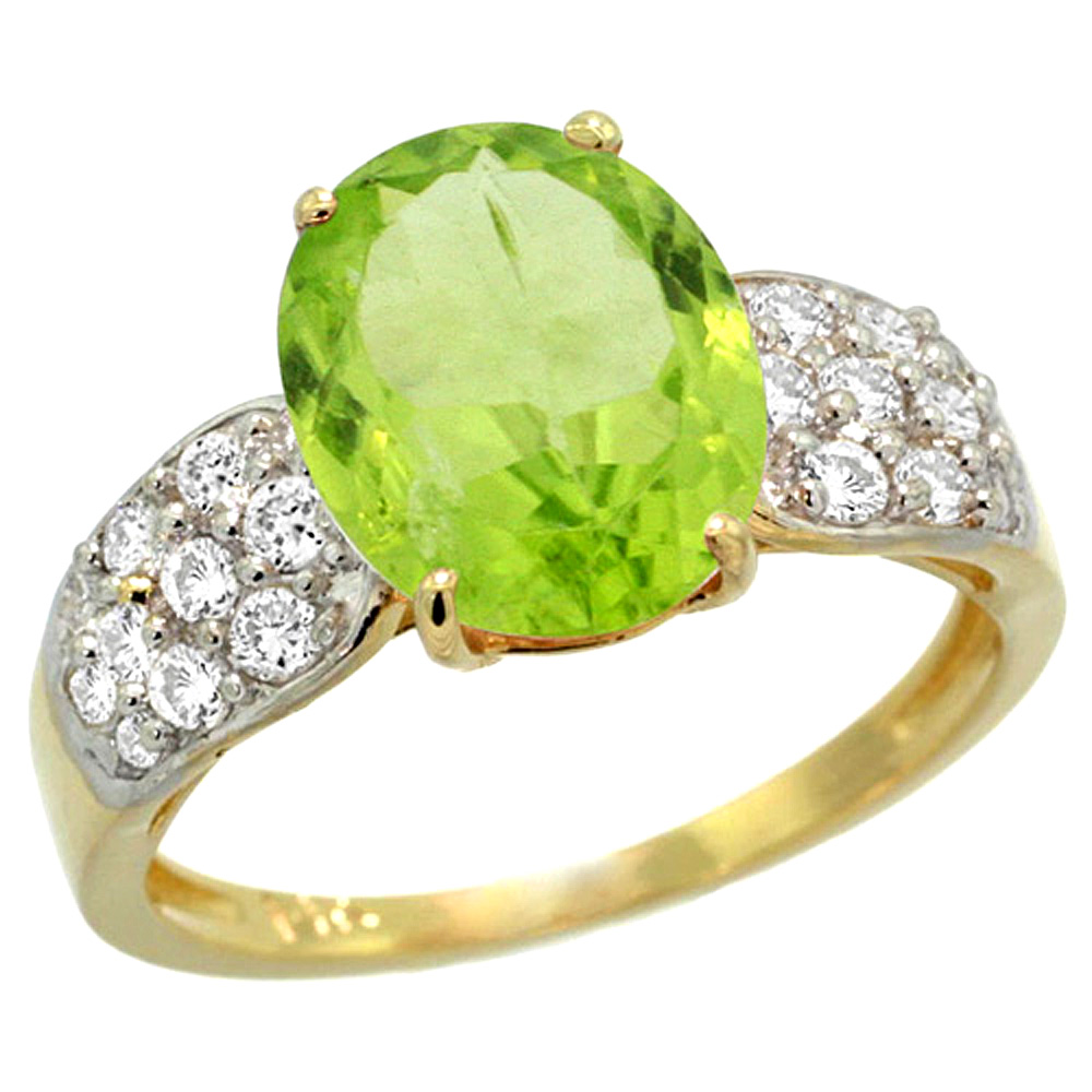 14k Yellow Gold Natural Peridot Ring Oval 10x8mm Diamond Accent, 7/16inch wide, sizes 5 - 10 