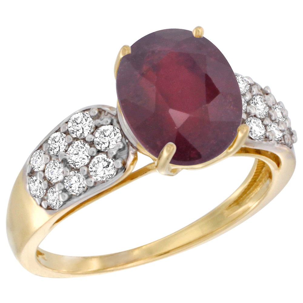 14K YELLOW GOLD NATURAL ENHANCED RUBY RING OVAL 10X8MM DIAMOND ACCENT, 7/16INCH WIDE, SIZES 5 - 10