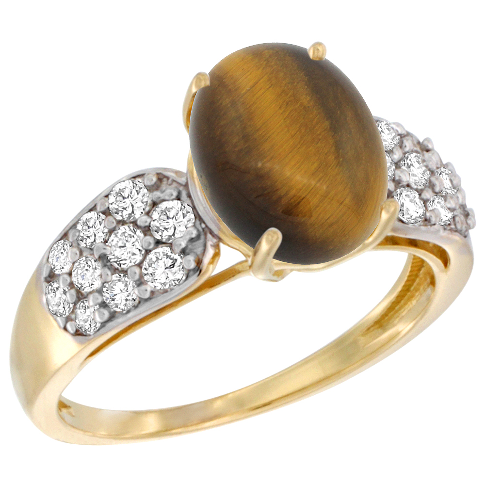 14k Yellow Gold Natural Tiger Eye Ring Oval 10x8mm Diamond Accent, 7/16inch wide, sizes 5 - 10 