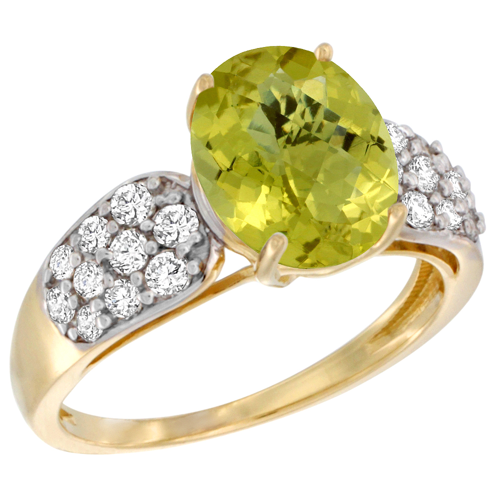 14k Yellow Gold Natural Lemon Quartz Ring Oval 10x8mm Diamond Accent, 7/16inch wide, sizes 5 - 10 